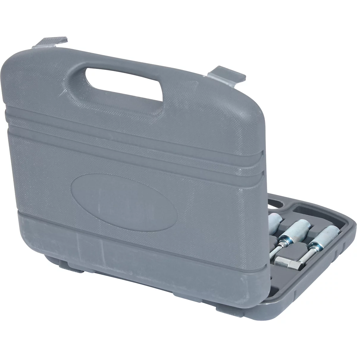 Grauer Werkzeugkoffer mit offenem Deckel, Schraubenschlüssel sind sichtbar.